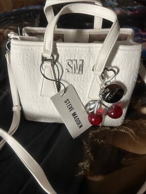 Steve Madden White Embossed Mini Satchel with Cherry Charm and Matching Pouch